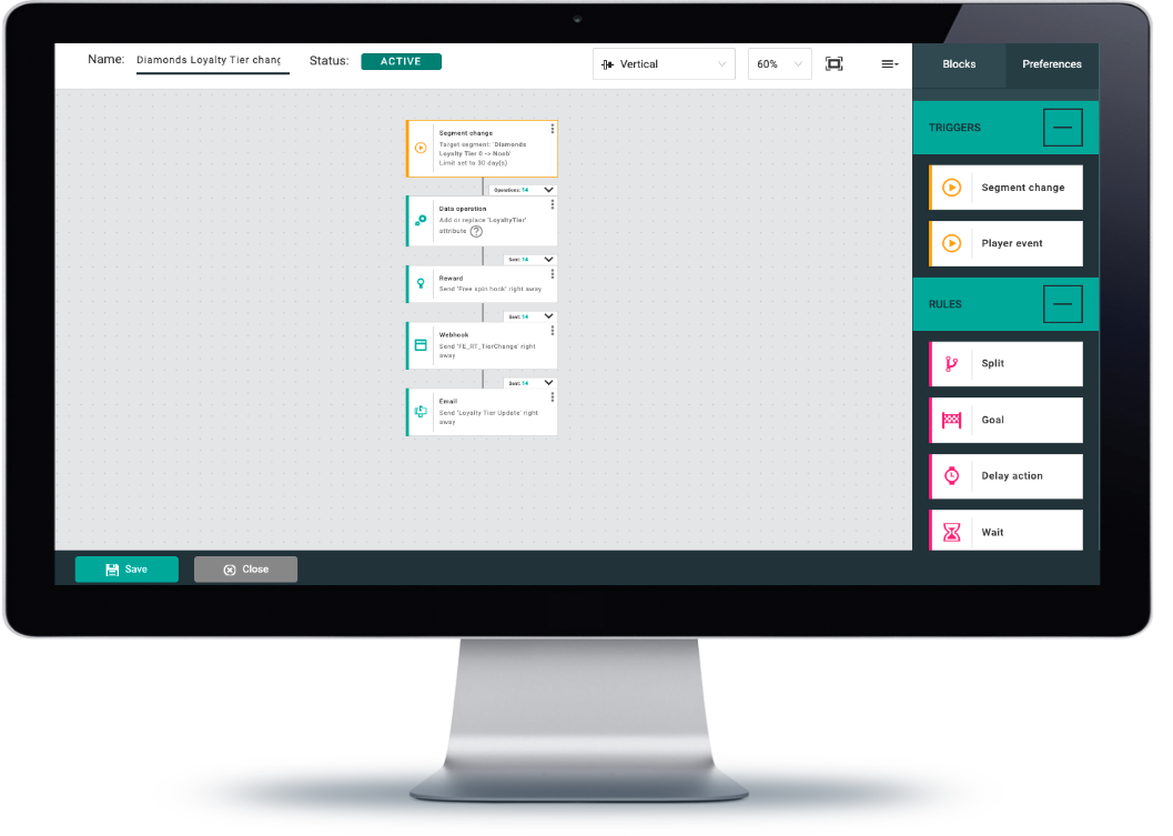 One CRM platform interface showing campaign workflow builder